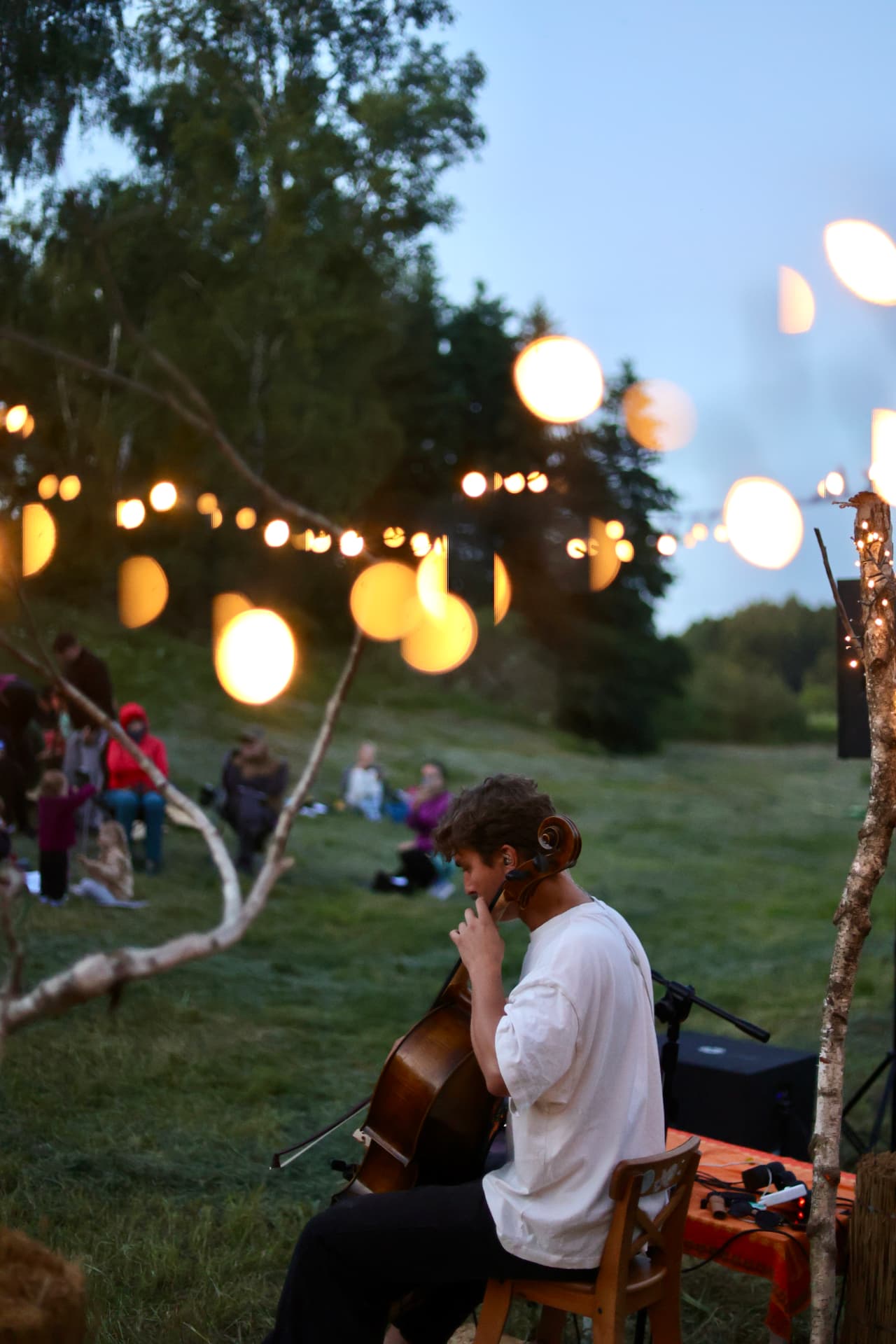 Cellist playing in an outdoor meadow at dusk, warm string lights glowing around the stage