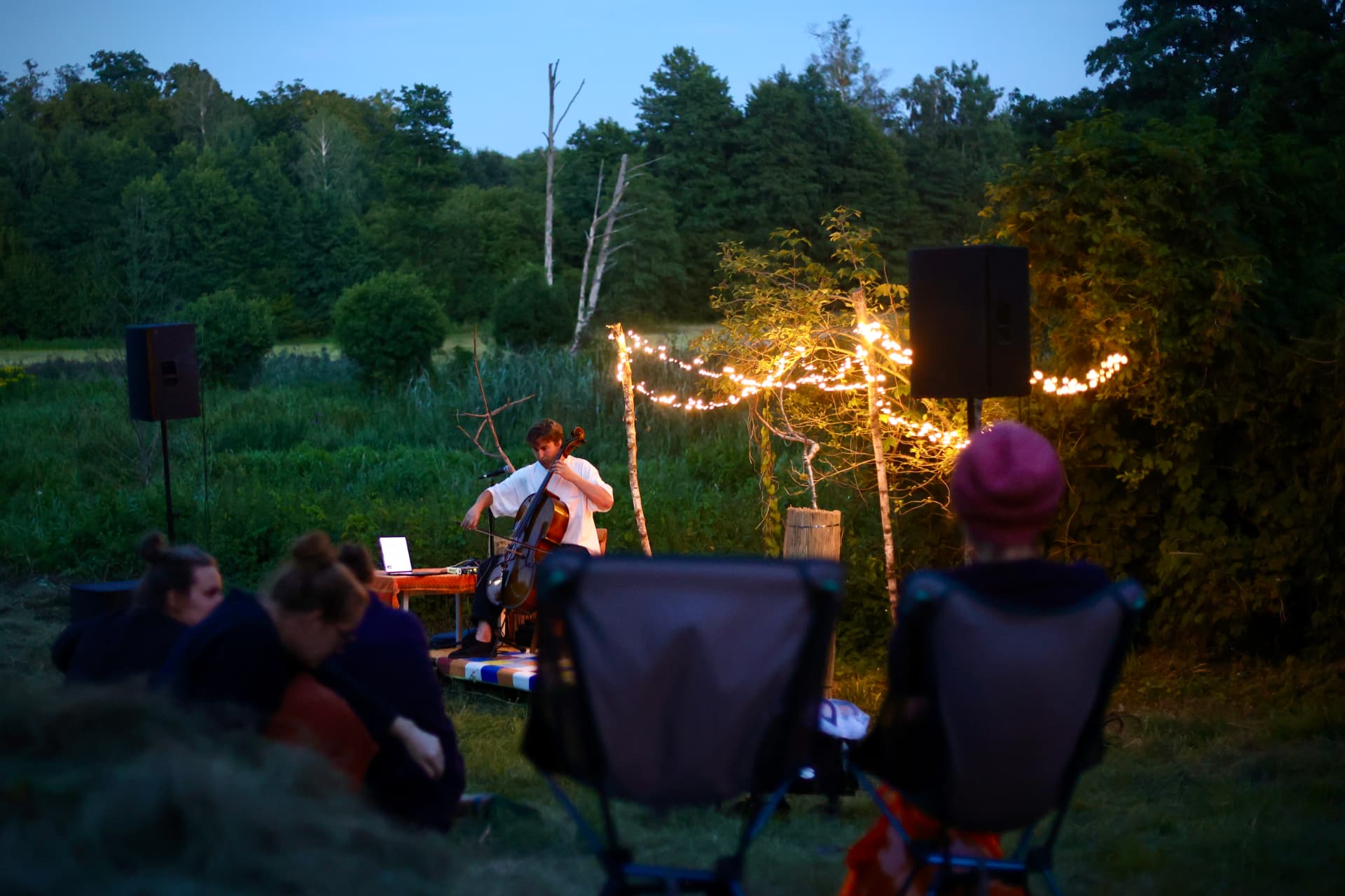 Cellist bowing before an audience seated in a forest clearing at dusk
